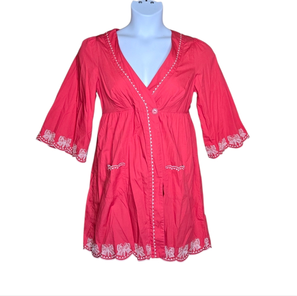 ANTHROPOLOGIE coral wing away embroidered butterfly wrap dress robe S